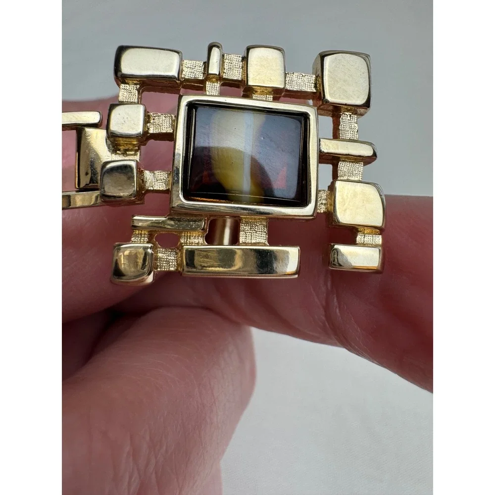 Vintage Hickok Brutalist Gold Tone Tiger Eye Look Cufflinks Oleg Cassini Box